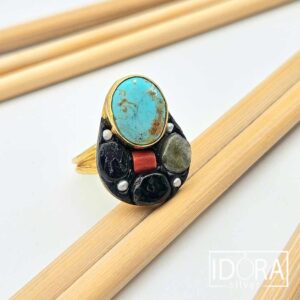 Сребърен пръстен: "Елементс"тюркоаз, корал,оникс,турмалин