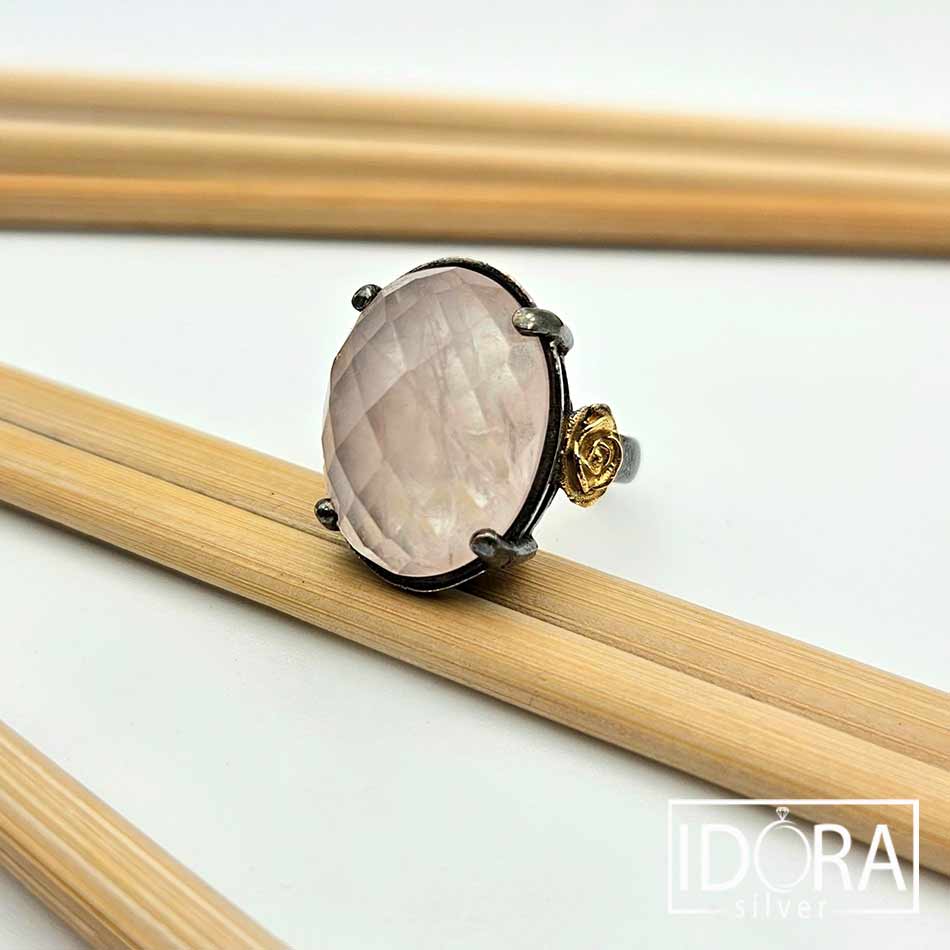 Сребърен пръстен: "Роуз"розов кварц