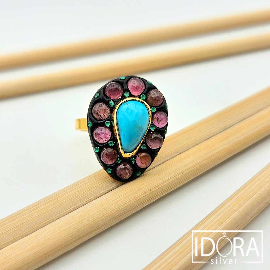 Сребърен пръстен: "Небе"тюркоаз,турмалин,позлата