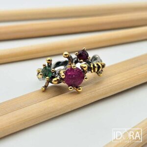 Сребърен пръстен: "Венец"позлата,родий,изумруд,рубин,гранат