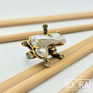 Сребърен пръстен: "Барок"перла,циркони,позлата,родий