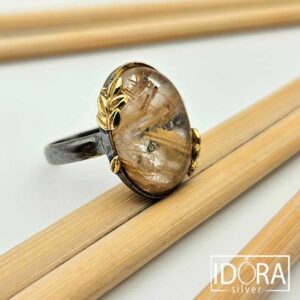 Сребърен пръстен: "Венера"III, рутилов кварц, позлата, родий