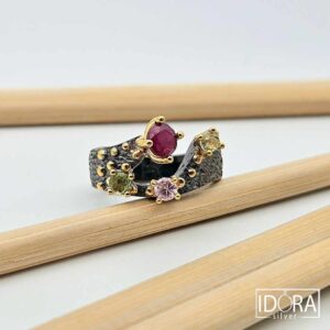 Сребърен пръстен: "Аура"рубин,турмалин,родий, позлата