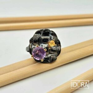 Сребърен пръстен: "Щит"позлата,родий,аметист,цитрин