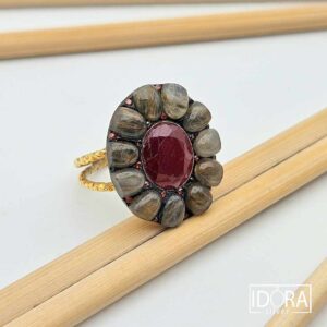 Сребърен пръстен: "Диск"рубин, позлата, рутилов кварц