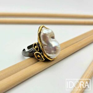 Сребърен пръстен: "Барок"перла,родий,позлата