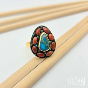 Сребърен пръстен: "Море"позлата, тюркоаз, корали