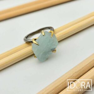 Сребърен пръстен: "Аквариус"родий,позлата,аквамарин