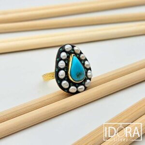 Сребърен пръстен: "Море"II, изумруди, перли, тюркоаз