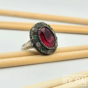 Сребърен пръстен: "Росети"позлата,рубин,циркони,оксидация