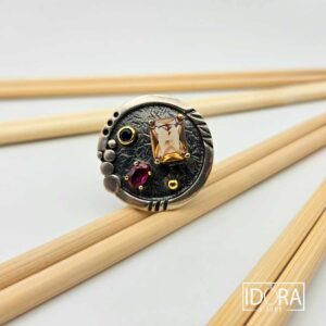 Сребърен пръстен: "Зенит"позлата,рубин,сапфир,султанит