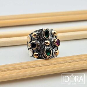 Сребърен пръстен: "Пойнтс"рубин,сапфир,изумруд,позлата,родий