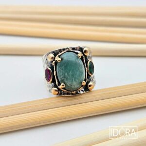 Сребърен пръстен: "Мадагаскар"амазонит,рубин, изумруд,позлата