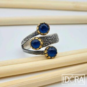 Сребърен пръстен: "Мианмар"позлата, сапфири,оксидация