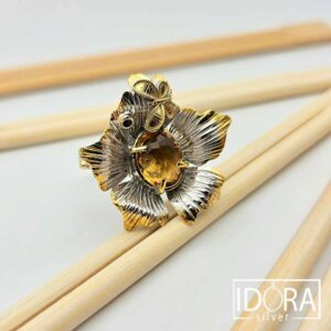 Сребърен пръстен: "Мак"позлата, цитрин,сапфир