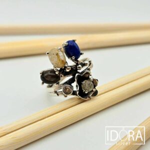 Сребърен пръстен: "Нощ в градина", рутилов кварц, лапис лазули, топаз