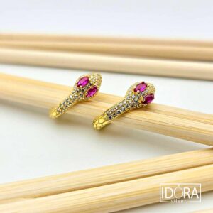 Сребърни обеци: "Снейк"рубин, циркони,позлата