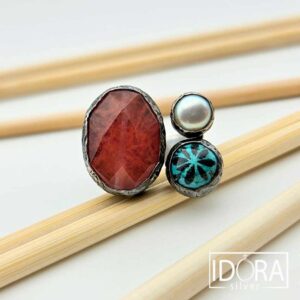 Сребърен пръстен: "Съзвучие"ахат, тюркоаз,перла,оксидация