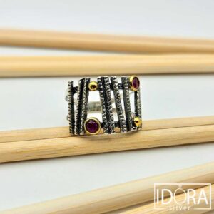 Сребърен пръстен: "Бариери"рубин, оксидация,позлата